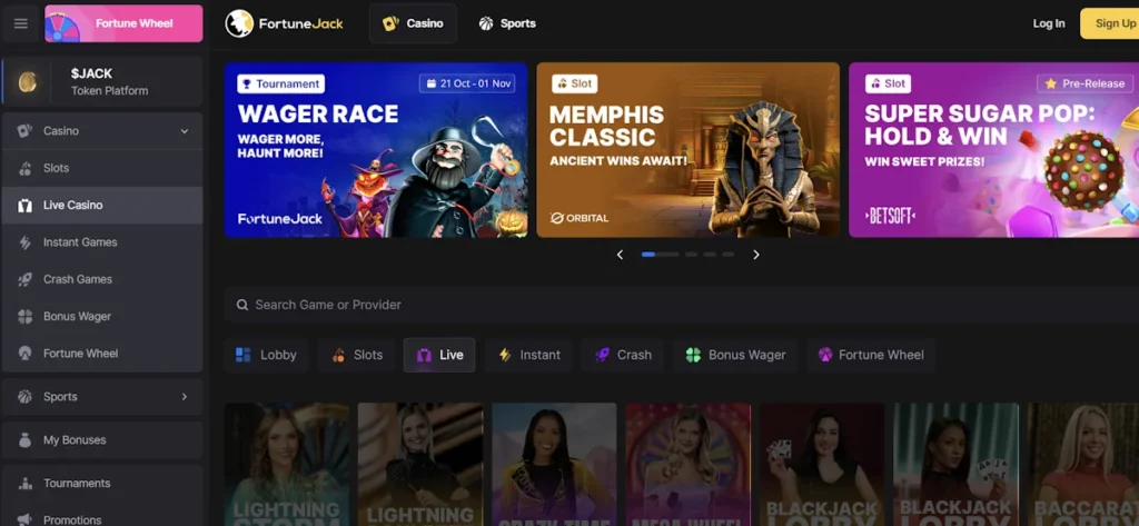 FortuneJack Casino Live Casino Interface