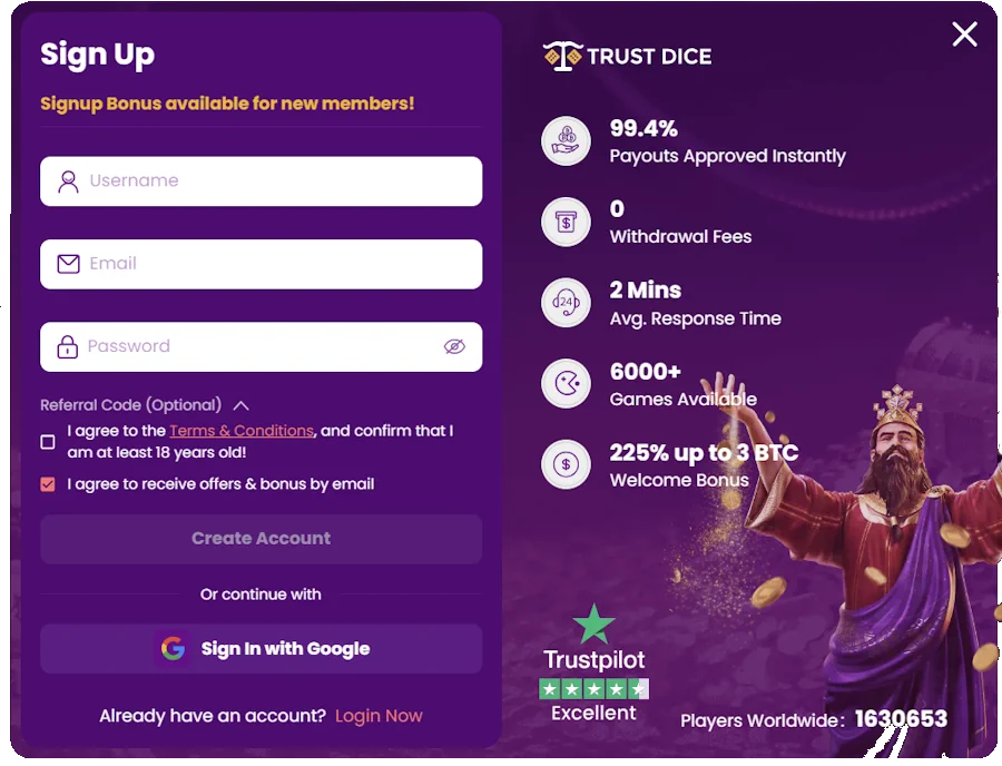 trust dice sign up terms and conditions