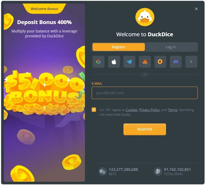 The registration process at DuckDice Casino